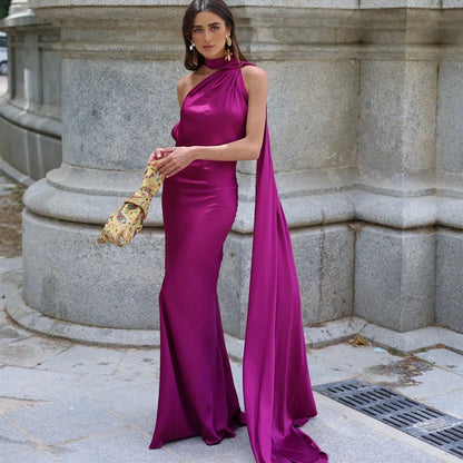 Elegant Women's Ribbon Long Satin Party Dress Halter Backless Sleeveless Female Dresses 2025 Summer Lady Solid Evening Gowns