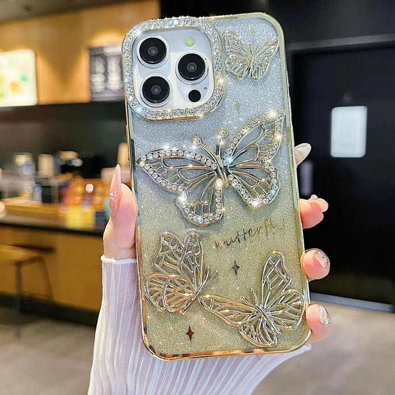 Butterfly Glitter Phone Cases For IPhone 17 16 Pro Max 15 14 13 12 11 Rhinestone Back Cover