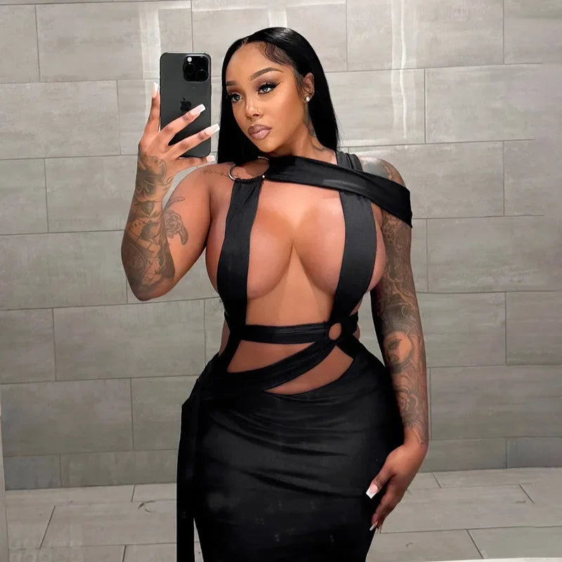 DS164 Style Hollow out Belted Wrap Dress Spring Summer Women's Cross-Border Fashion round Ring Design Ankle-Length Gown