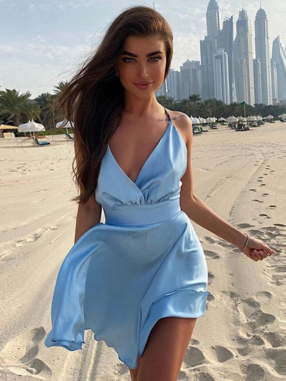 Cryptographic Satin Sexy Backless Sleeveless Party Night Club Wrap Mini Dresses Spaghetti Straps Elegant Dress Solid Vestidos.