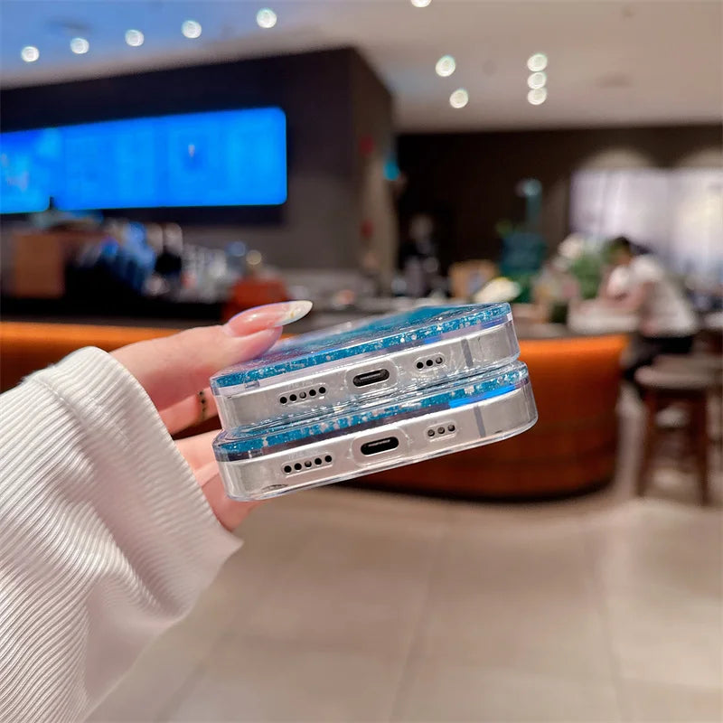 Blue Dynamic Sand Bright Quicksand for iPhone 16 15 14 Case Cover 16 Pro Max Carcasa Women Glitter Phone Shell Hard Coque Fundas