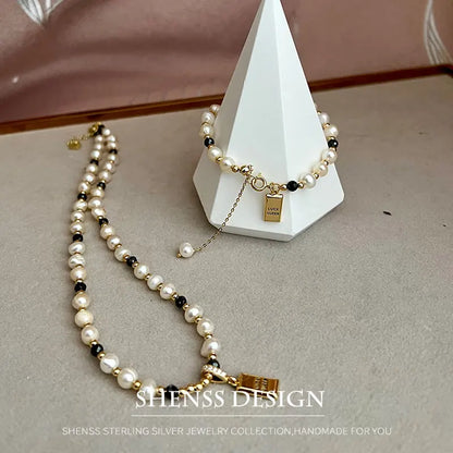 Classic Temperament Natural 5-6mm Freshwater Pearl Necklace Bracelet For Women  Copper Plated 14k Gold Accessories