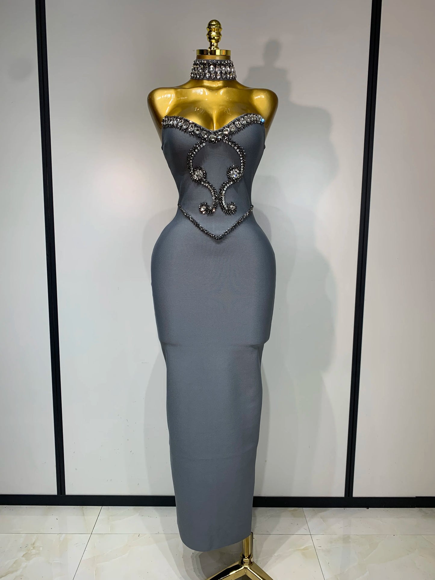 High Quality Strapless Beading With Necklace Bandage Dress  Celebrity Elegant  Evening Party Fancy Club Birthday Dresses