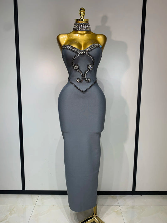 High Quality Strapless Beading With Necklace Bandage Dress  Celebrity Elegant  Evening Party Fancy Club Birthday Dresses