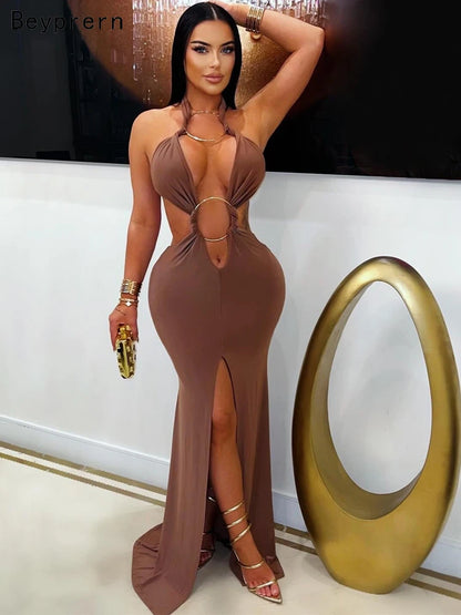 Beyprern New Chic Halter V Neck O Rings Long Maxi Dress Glam Women Sexy Backless Ruched High Slit Party Dresses Birthday Outfits