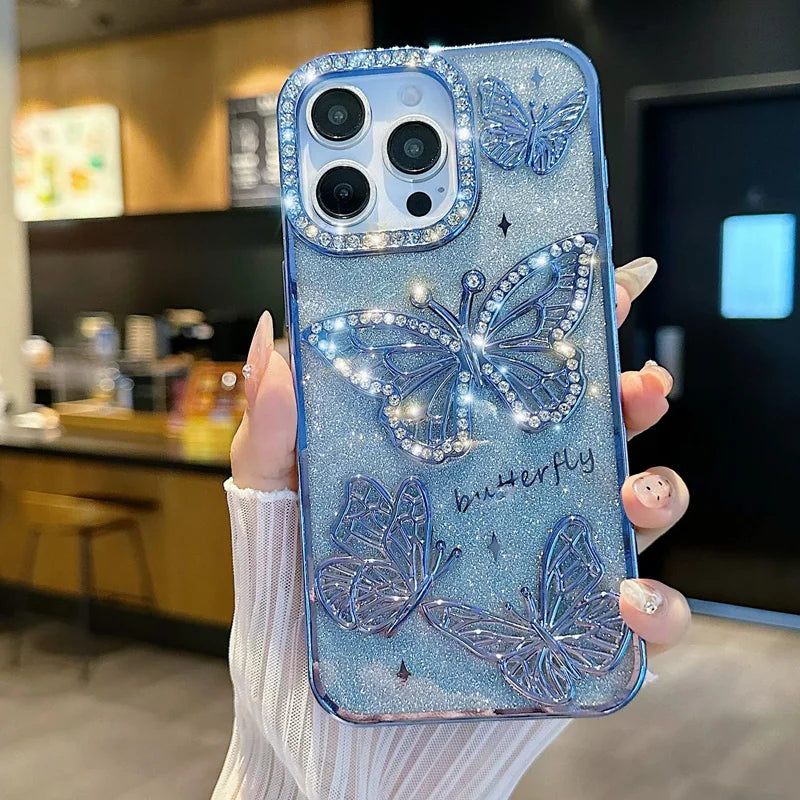 Butterfly Glitter Phone Cases For IPhone 17 16 Pro Max 15 14 13 12 11 Rhinestone Back Cover