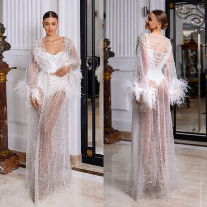 New Arrival Women Nightgown Pajamas Pearls Feathers Sequins Long Sleeve Bridal Wedding Bathrobe for Photography Customized