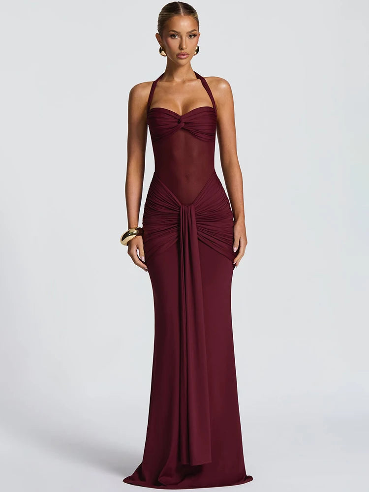 Mozision Halter Backless Sexy Maxi Dress Women Fashion Patchwork Off-shoulder Sleeveless Ruched Draped Bodycon Club Party Dress