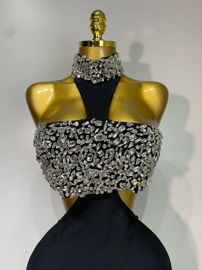 Women Sexy Backless Sparkly Crystal Diamonds Black Bodycon Bandage Dress Celebrity Elegant Evening Club Party Birthday Dresses
