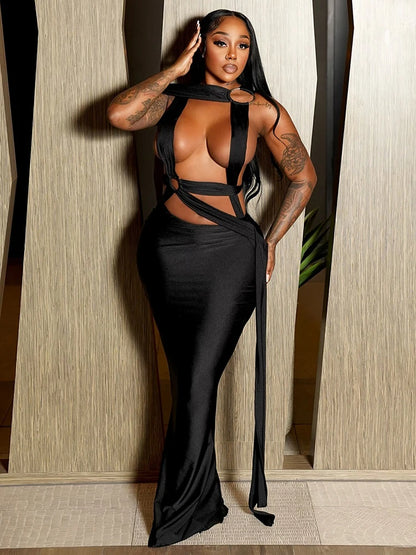 Weird Puss Hollow Cross Bandage Dress Women Irregular Metal Rings Patchwork Midnight Sexy Skinny Midnight Party Club Vestidos