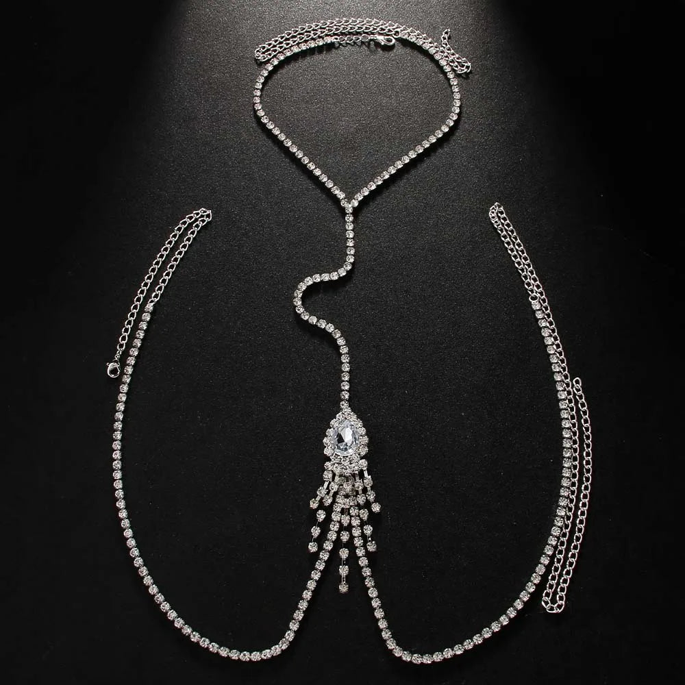 Stonefans Water Drop Tassel Chest Chain Necklace Jewelry Bohemian Women Rhinestone Fashion 2024 New Body Accessories Beach Sexy