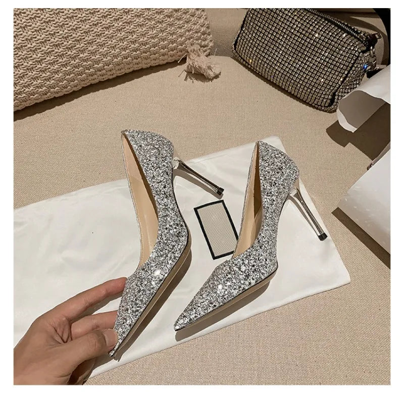 New Fashion Women's High Heels Sequins Glitter Luxury Designer Pumps Plus Size Wedding Bridal Gold Shoes Zapatos Mujer