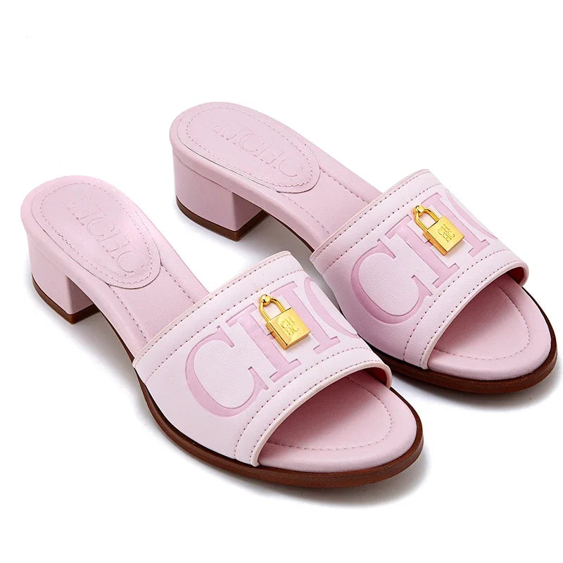 CH Fashion Monogram Print Elegant Design Women's Low Heeled Slippers Solid Color High Quality Metal Lock Simple Single Shoes.