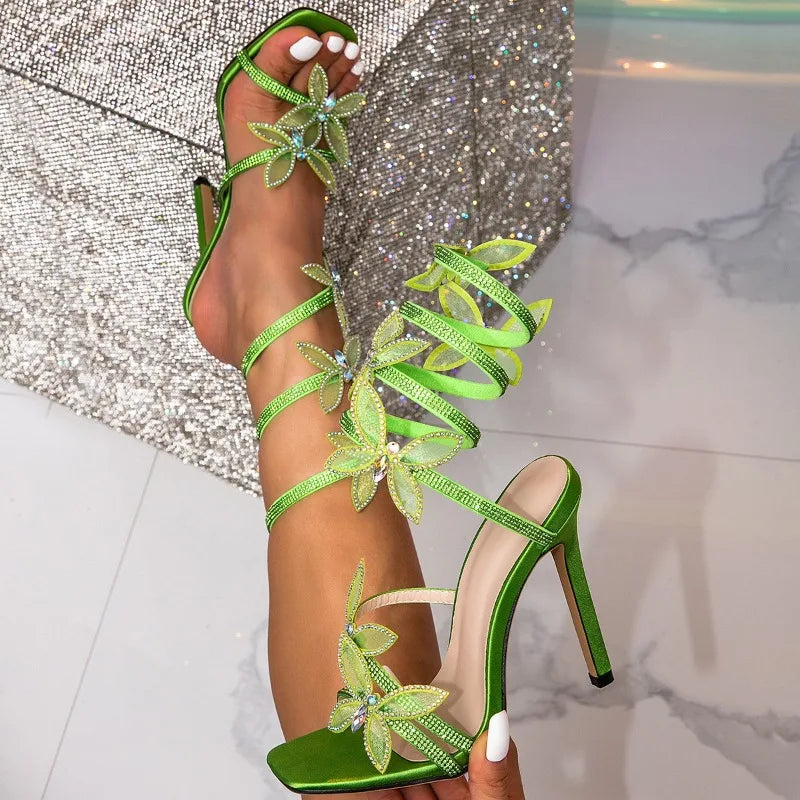 Elegant Design Crystal Butterfly-knot Ankle Strap Woman Sandals Sexy Open Toe Thin High Heels Stripper Party Pumps Shoes