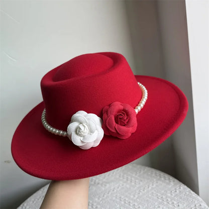 French Black Big Brim Top Hat Women Elegant Retro Style Flat-top Fedora Hat British Pearl Floral Wide Brim Hat Photography
