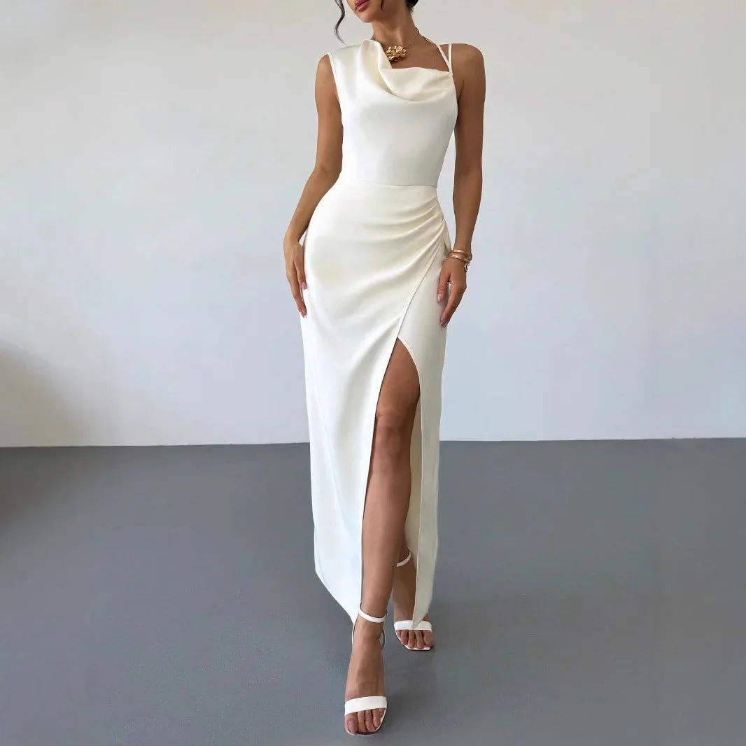 Sexy Slit Backless Midi Dress Elegant Simple Party Net Color Shoulder Baring Dress Cross-Border 2025 Fashion Slimming Dress