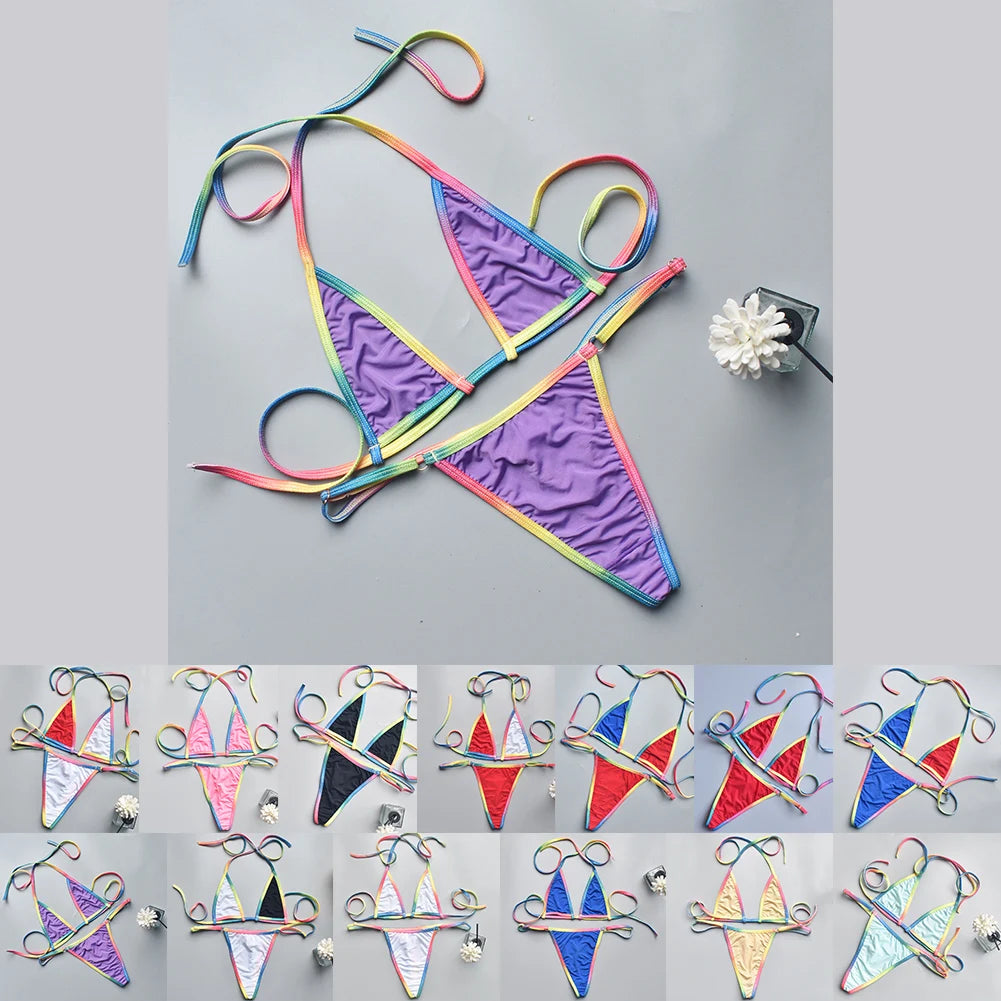 Women Bikini Sexy Three Point MultiColor Thin Straps Lace Up See Through Bikini Top + Panties Brazilian Biquinis
