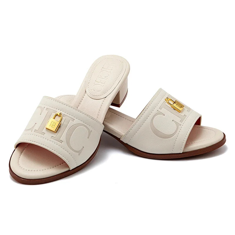 CH Fashion Monogram Print Elegant Design Women's Low Heeled Slippers Solid Color High Quality Metal Lock Simple Single Shoes.