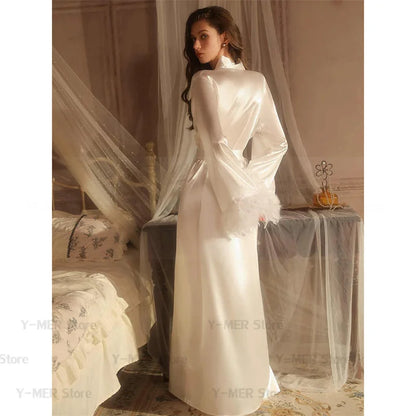Long Feather Sleeve Bathrobe Sexy Ice Silk Kimono Wedding Bride Dress Women Loose Sleepwear Loungewear Casual Nightgown