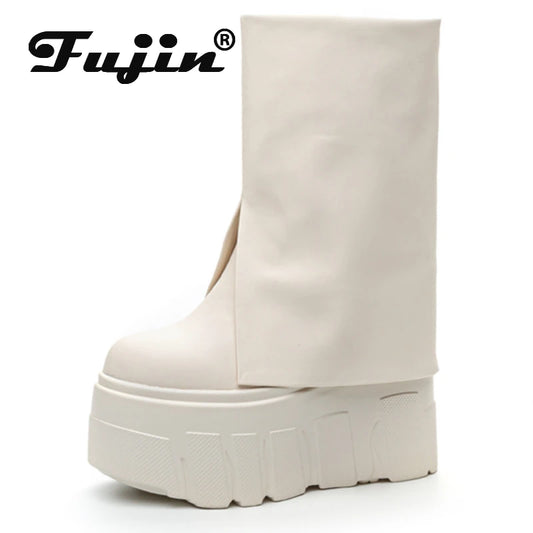 Fujin 14cm Slip on  Ankle Booties Shoes Boots Platform Wedge Ladies Fashion Botas Genuine Leather Boots Women Motorcycle Winter.
