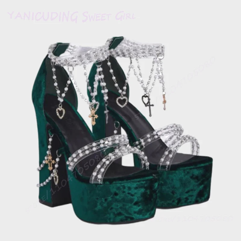 Taro Purple Suede Crystal Tassel Sandals Girls Cute Platform Open Heels Pink Round Toe Chunky Pearl String Ankle Lolita Shoes