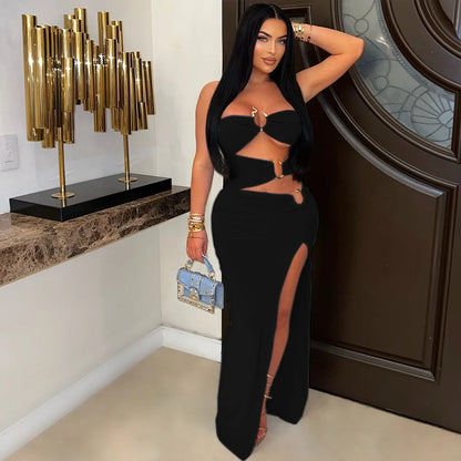 CM.YAYA 2025 Summer Elegant Sleeveless Floor-Length Long Women Dress Hollow Out Birthday Night Party Evening Sexy Split Dresses