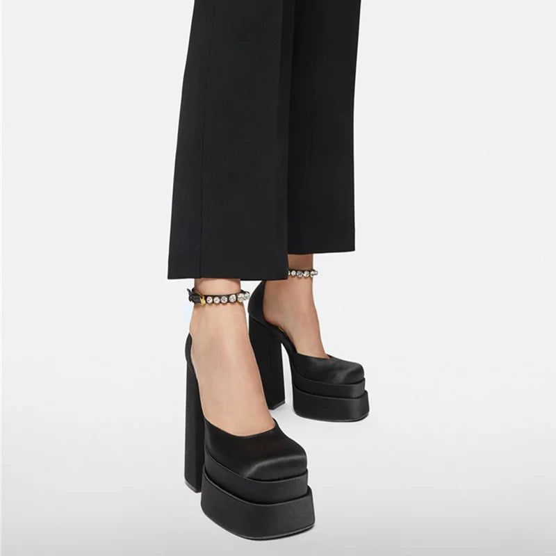 2022 Brand Women's Sandals 14.5CM Silk Thick Heels High Platform Rhinestone Small Big Size 32 43