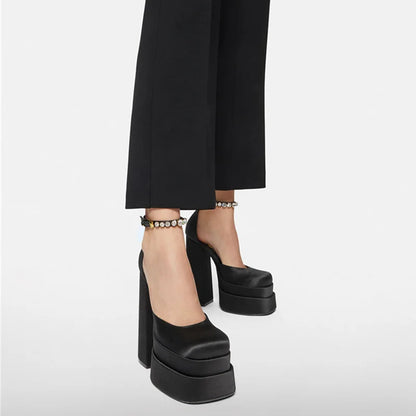 2022 Brand Women's Sandals 14.5CM Silk Thick Heels High Platform Rhinestone Small Big Size 32 43