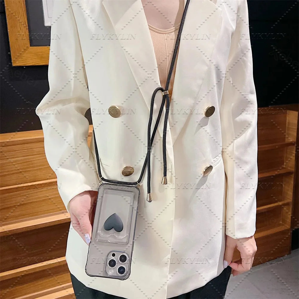 Crossbody Necklace Strap Cord Love Heart Card Holder Wallet Case For POCO X7 X6 X5 Pro X3 Xiaomi 14T 13T 12T 11 Lite Clear Cover