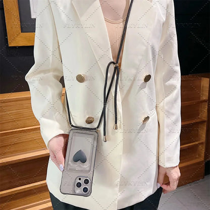 Crossbody Necklace Strap Cord Love Heart Card Holder Wallet Case For POCO X7 X6 X5 Pro X3 Xiaomi 14T 13T 12T 11 Lite Clear Cover