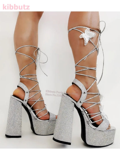 Crystal Cross Strap Sandals Butterfly Platform Glossy Square Heel Pointy Lace-Up Ankle Strap Glossy Roman Shoes Hot Girls Sexy