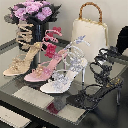 Aneikeh 2025 Summer Open Toe Ankle Strap Female Sandals Shoes Street Style CRYSTAL Narrow Band Thin High Heels Women Sandals