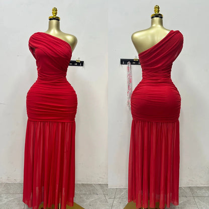 Stylish Evening Sexy Club Party Holiday Maxi Dress for Women Elegant Skew Neck One Sleeve Off Shoulder Mesh Slit Long Dresses