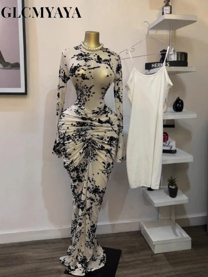 CM.YAYA Women Long Sleeve Stacked Mesh See Though with Lining Bodycon Long Dress 2025 Autumn Evening Birthday Sexy Party Dresses