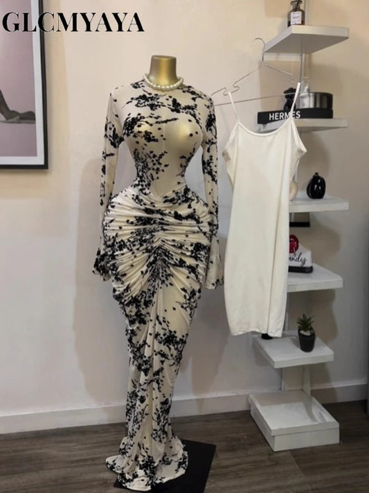 CM.YAYA Women Long Sleeve Stacked Mesh See Though with Lining Bodycon Long Dress 2025 Autumn Evening Birthday Sexy Party Dresses