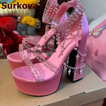 Surkova Luxury Velvet Chunky High Heel Sandals Pearl Jewerly Chain Beaded Platform Dress Shoes Stars Heart Fringe Pumps Size46