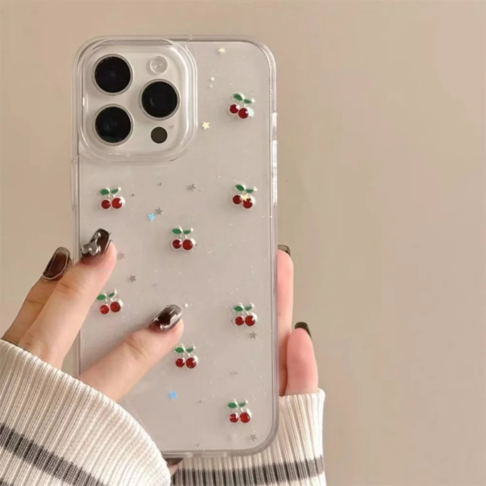 Cute Epoxy Cherry Glitter Clear Phone Case For iPhone 16 15 14 13 12 11 Pro Max Plus Luxury Sequins Bling Back Cover Women Girl