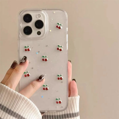 Cute Epoxy Cherry Glitter Clear Phone Case For iPhone 16 15 14 13 12 11 Pro Max Plus Luxury Sequins Bling Back Cover Women Girl