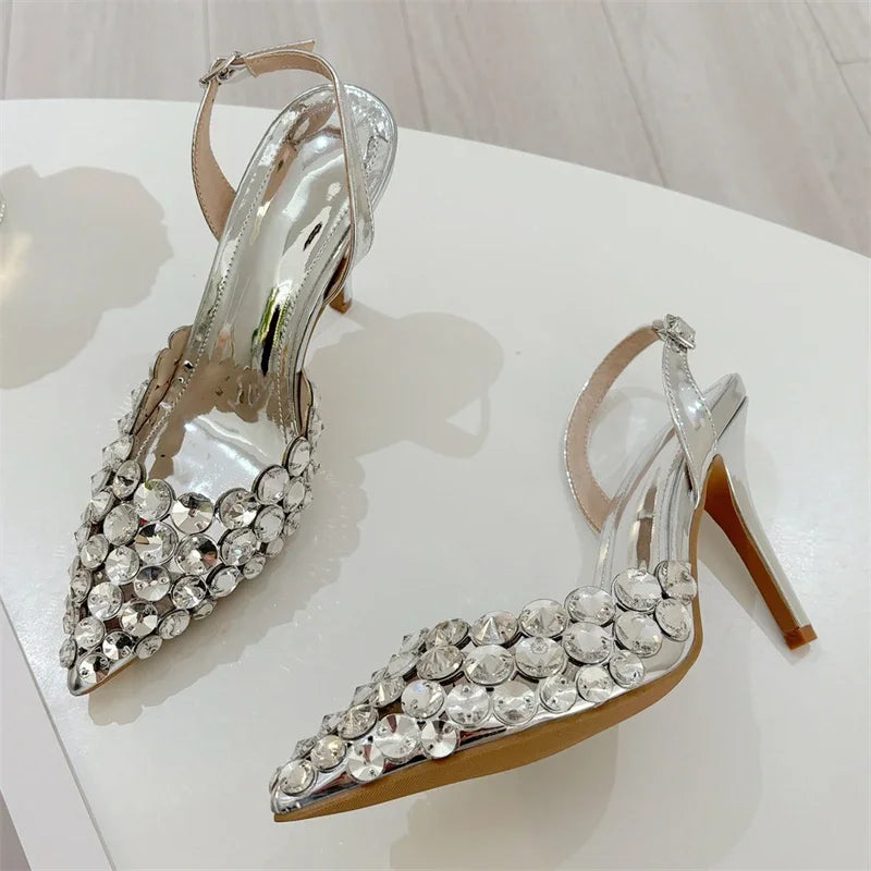 Aneikeh Fashion Stiletto Pumps Summer Silvery Rhinestone Hollow Strap High-heeled Sandals Women Wedding Banquet Shoes