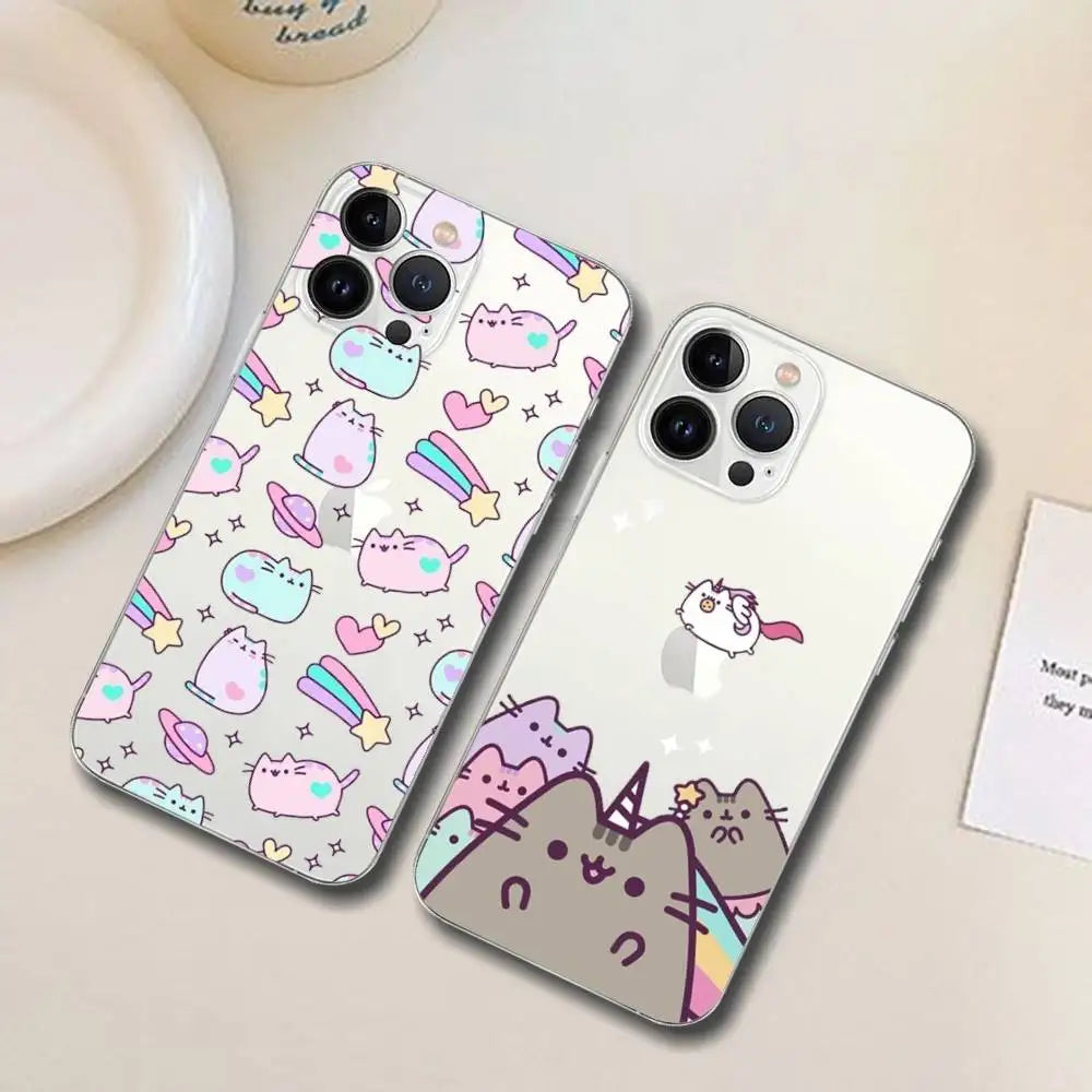 Cute Cartoon Cat P-Pusheens Phone Case Transparent For IPhone 16 15 11 13pro Max 14Plus X Xr Xs Max 12mini - Clear Cover