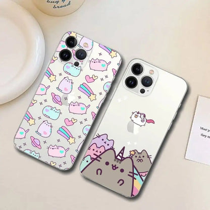 Cute Cartoon Cat P-Pusheens Phone Case Transparent For IPhone 16 15 11 13pro Max 14Plus X Xr Xs Max 12mini - Clear Cover