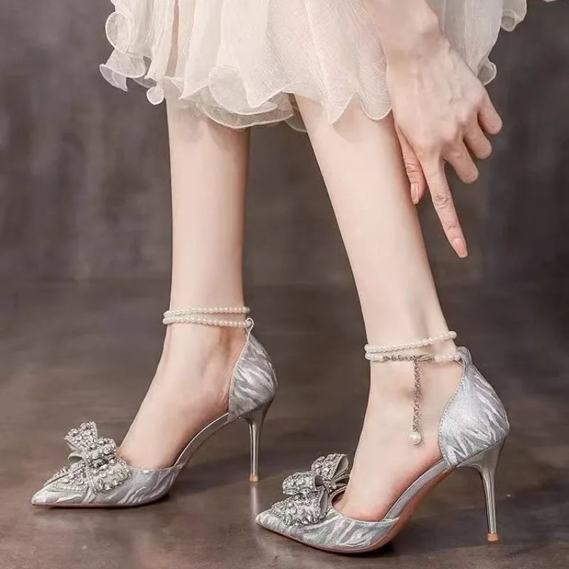 Bow Crystal Shoes Women's Pointed Toe Shallow Mouth Pearl One Strap Non-Tired Feet Beaded Non-Slip Single Shoes