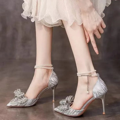 Bow Crystal Shoes Women's Pointed Toe Shallow Mouth Pearl One Strap Non-Tired Feet Beaded Non-Slip Single Shoes