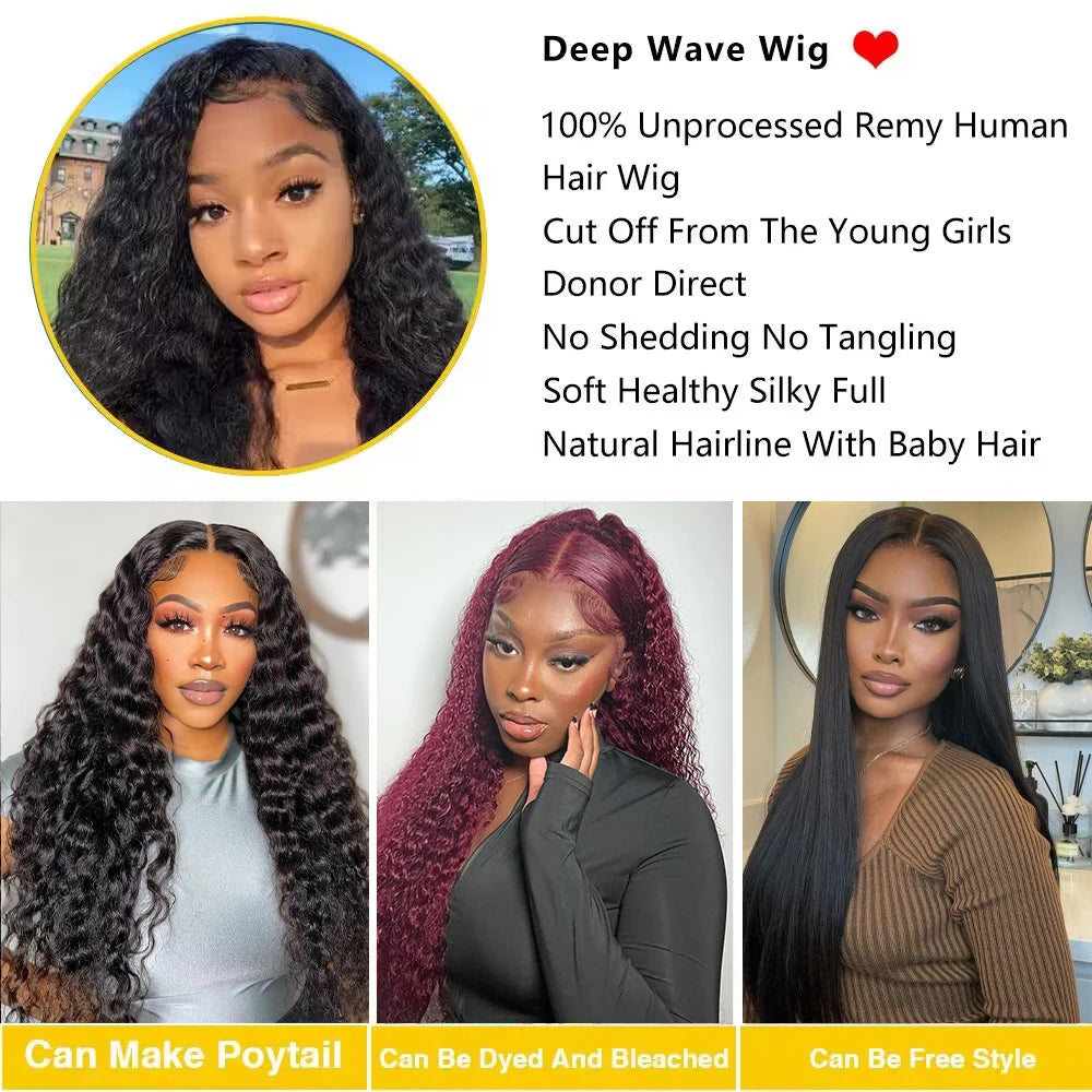 HD Transparent Deep Wave Frontal Wig 13x4/13x6 Curly Lace Front Human Hair Wigs For Women Wet And Wavy Water 5x5 Closure Wig