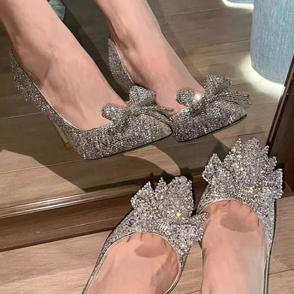 Simple Temperament Woman Shoes 2025 Summer New Pointed Rhinestone High Heels Fashion Versatile Women's Bow Wedding Shoes Zapatos