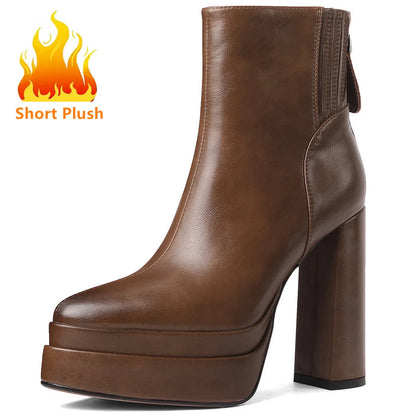 MILI-MIYA Fashion Pointed Toe Women Full Genuine Leather Ankle Boots Solid Color Thick Heels Zippers Dress Party Shoes For Lady.