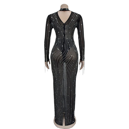 CM.YAYA 2024 Women Long Sleeve Mesh See Through Diamonds Hot Rhinestones Bodycon Dress Woman Maxi Long Evening Birthday Dresses