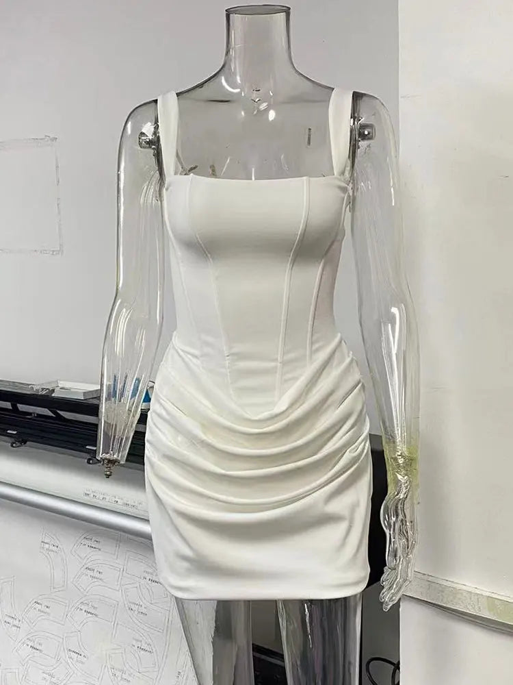 GACVGA Backless Ruched Sexy Bodycon Mini Dress for Women Elegant Bandage Square Collar Sleeveless High Waist Club Party Dress