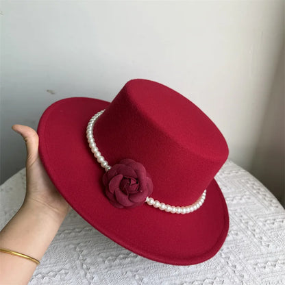 French Black Big Brim Top Hat Women Elegant Retro Style Flat-top Fedora Hat British Pearl Floral Wide Brim Hat Photography