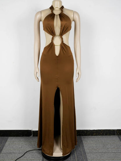 Beyprern New Chic Halter V Neck O Rings Long Maxi Dress Glam Women Sexy Backless Ruched High Slit Party Dresses Birthday Outfits